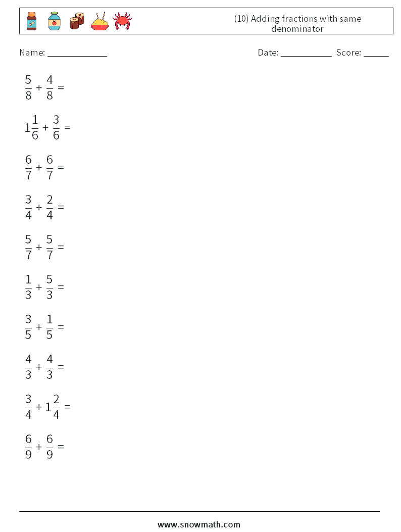 (10) Adding fractions with same denominator Maths Worksheets 17
