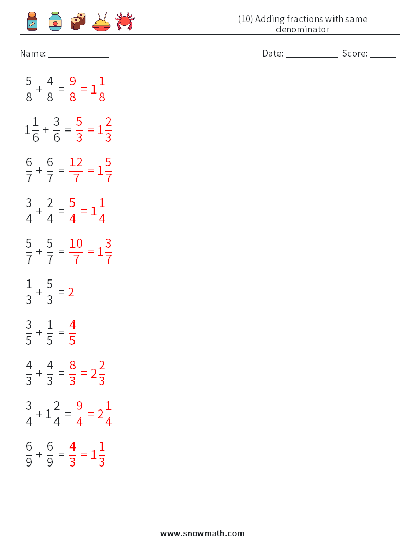 (10) Adding fractions with same denominator Maths Worksheets 17 Question, Answer