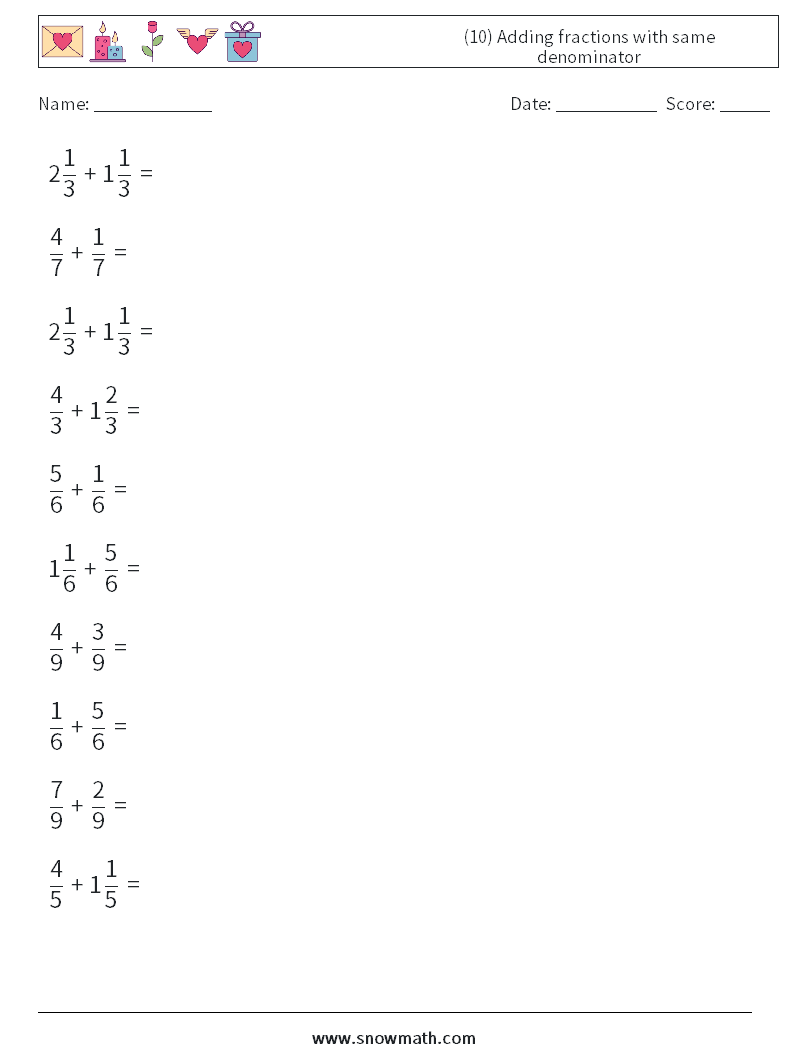(10) Adding fractions with same denominator Maths Worksheets 18