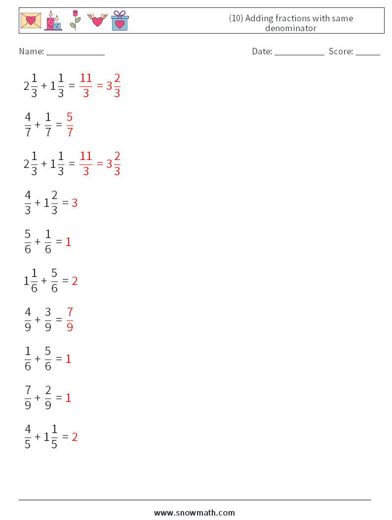 (10) Adding fractions with same denominator Maths Worksheets 18 Question, Answer