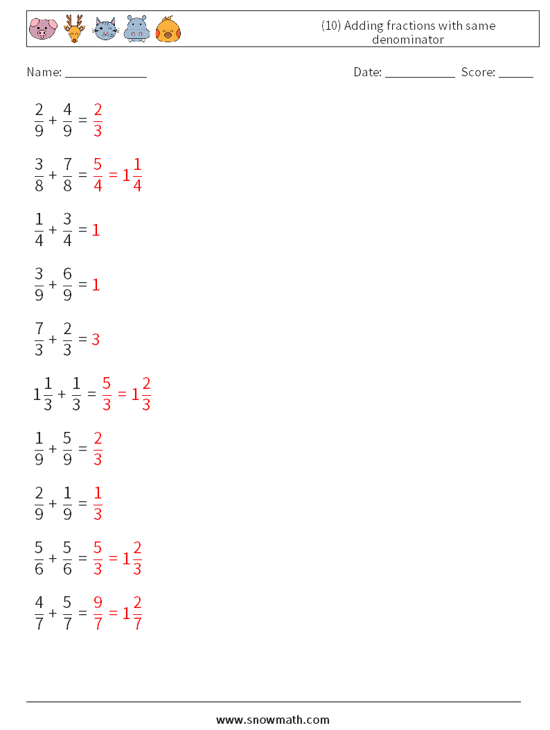 (10) Adding fractions with same denominator Maths Worksheets 1 Question, Answer