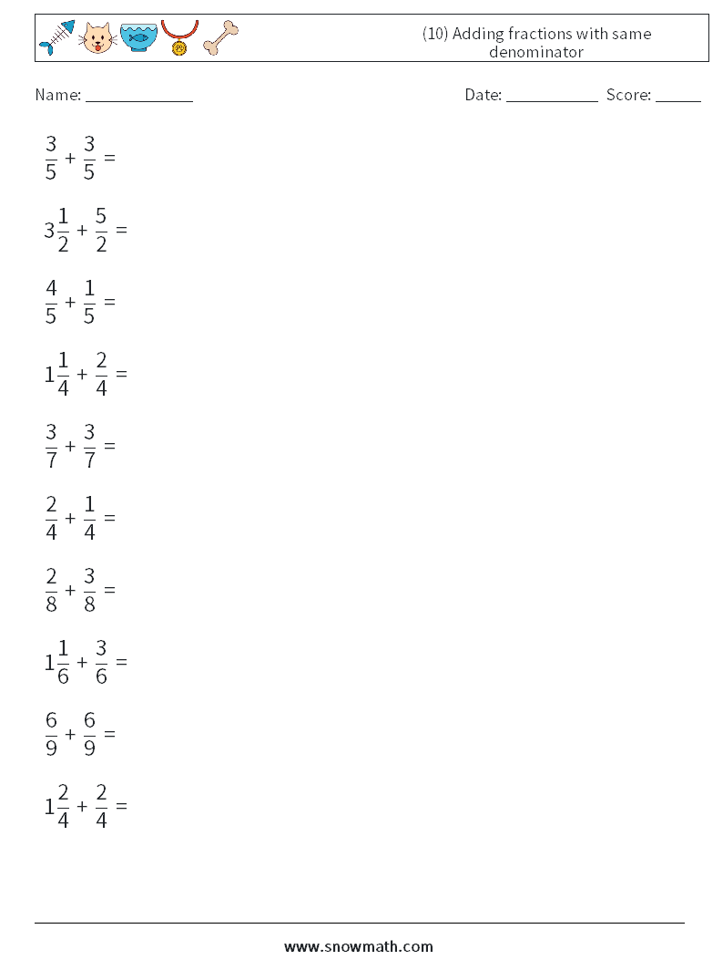 (10) Adding fractions with same denominator Maths Worksheets 2