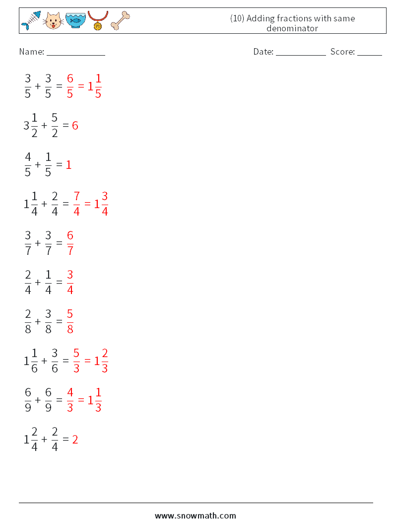 (10) Adding fractions with same denominator Maths Worksheets 2 Question, Answer