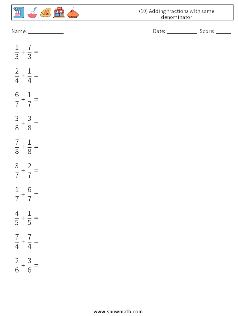 (10) Adding fractions with same denominator Maths Worksheets 3