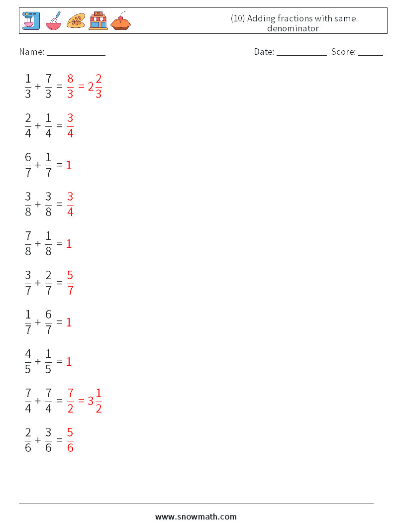 (10) Adding fractions with same denominator Maths Worksheets 3 Question, Answer