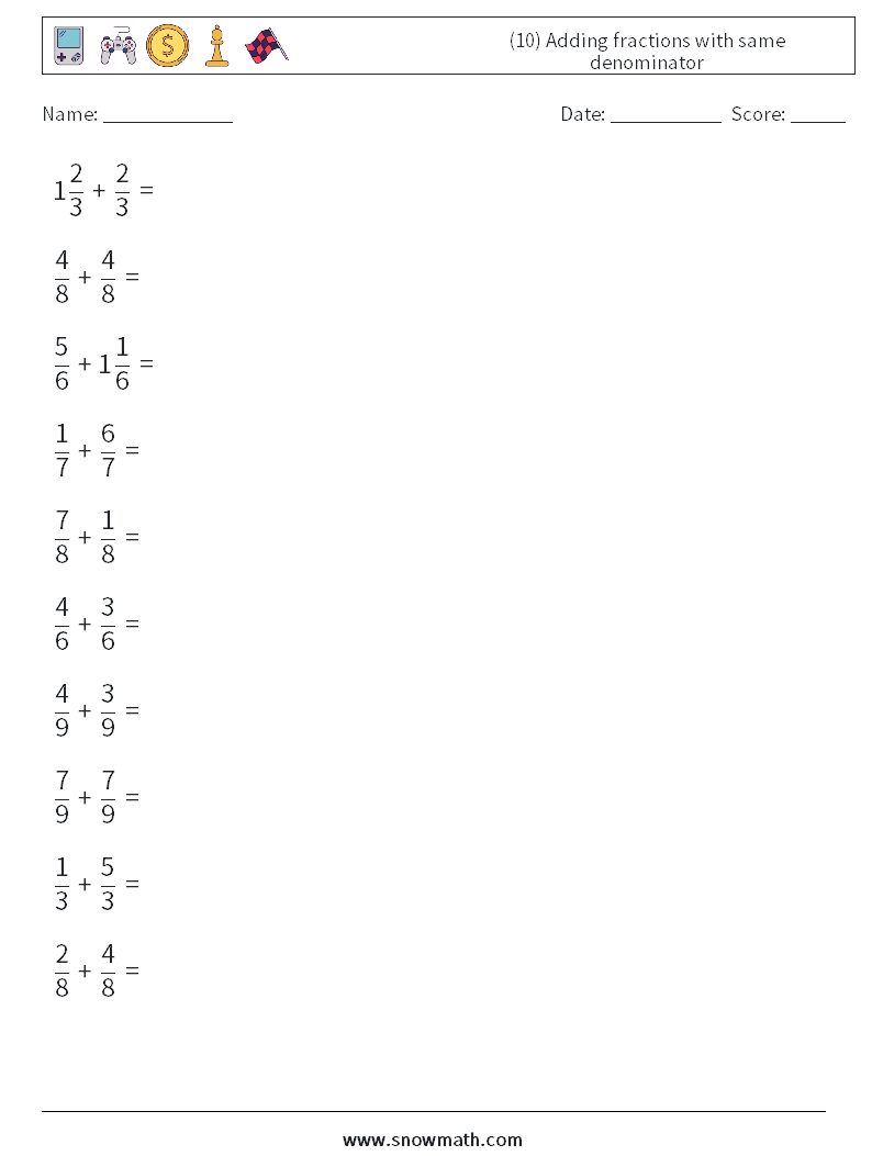 (10) Adding fractions with same denominator Maths Worksheets 5