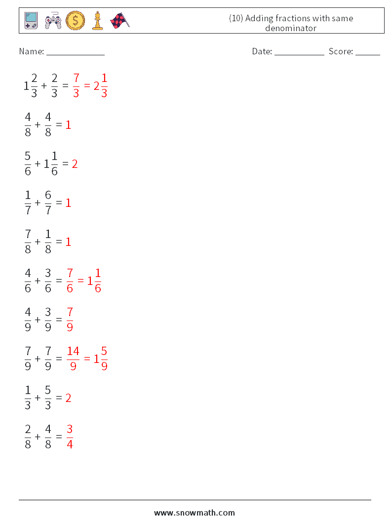 (10) Adding fractions with same denominator Maths Worksheets 5 Question, Answer
