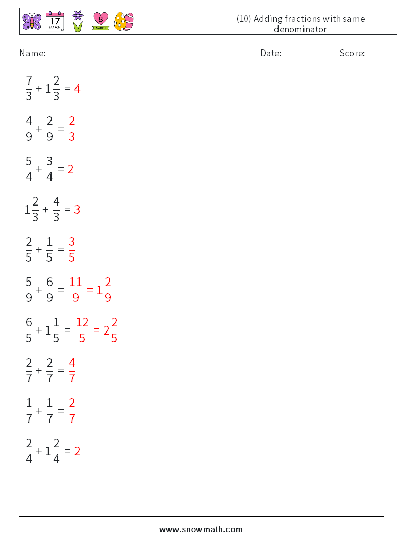 (10) Adding fractions with same denominator Maths Worksheets 6 Question, Answer