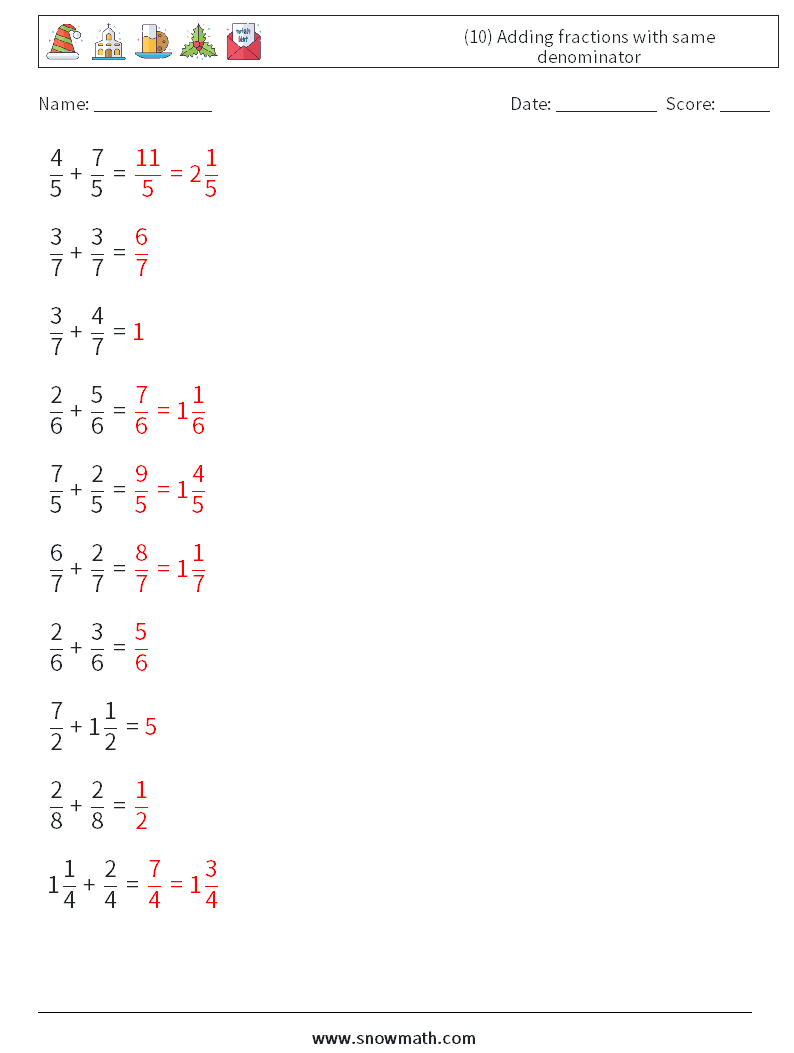 (10) Adding fractions with same denominator Maths Worksheets 7 Question, Answer