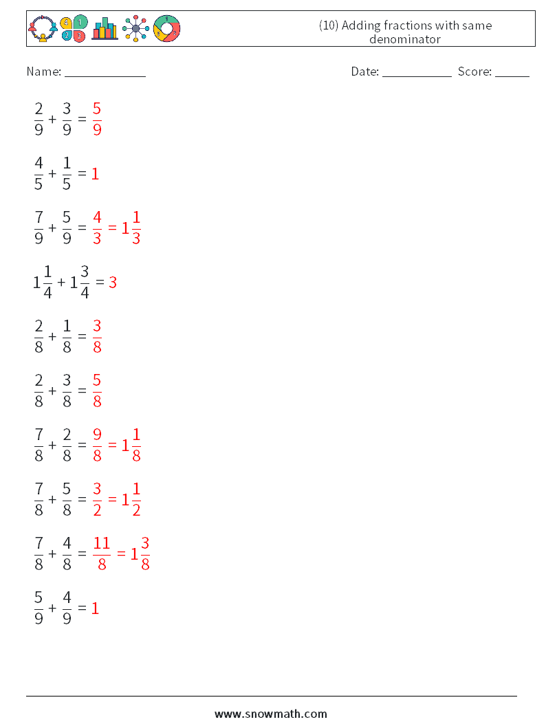 (10) Adding fractions with same denominator Maths Worksheets 8 Question, Answer