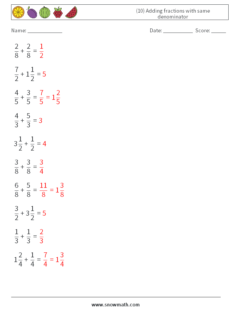 (10) Adding fractions with same denominator Maths Worksheets 9 Question, Answer
