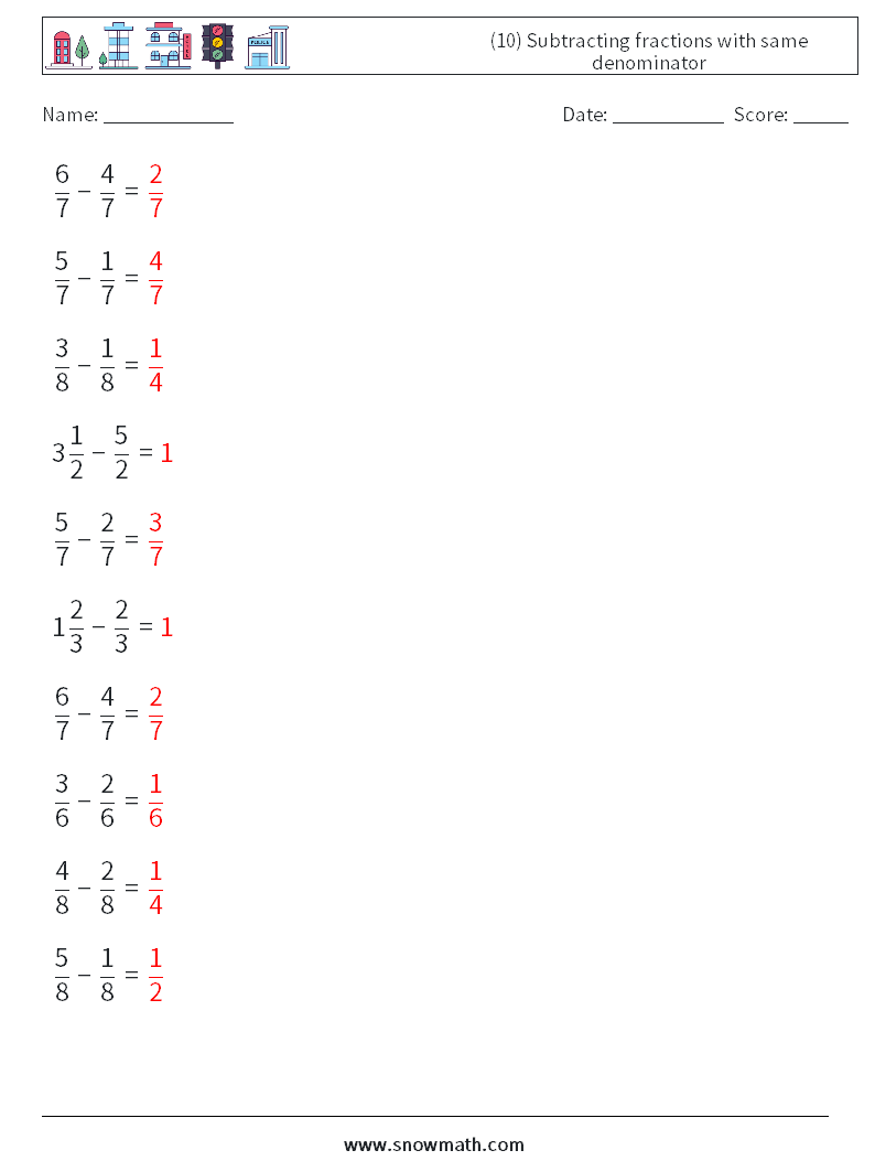 (10) Subtracting fractions with same denominator Maths Worksheets 10 Question, Answer