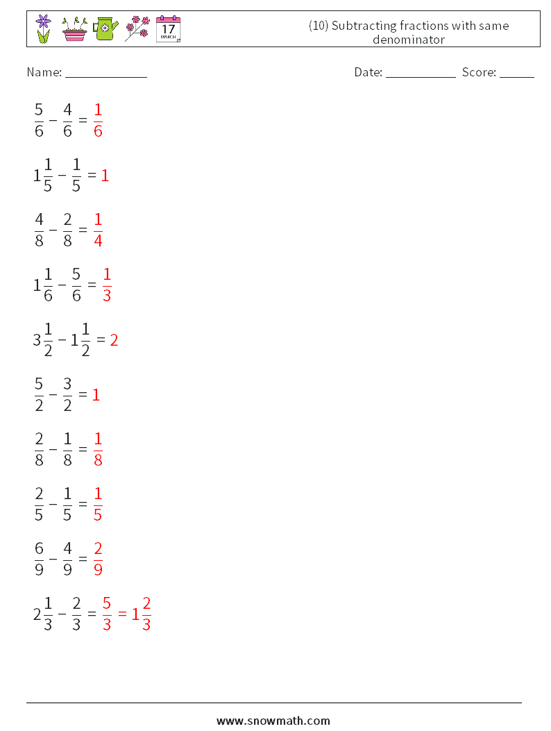 (10) Subtracting fractions with same denominator Maths Worksheets 11 Question, Answer