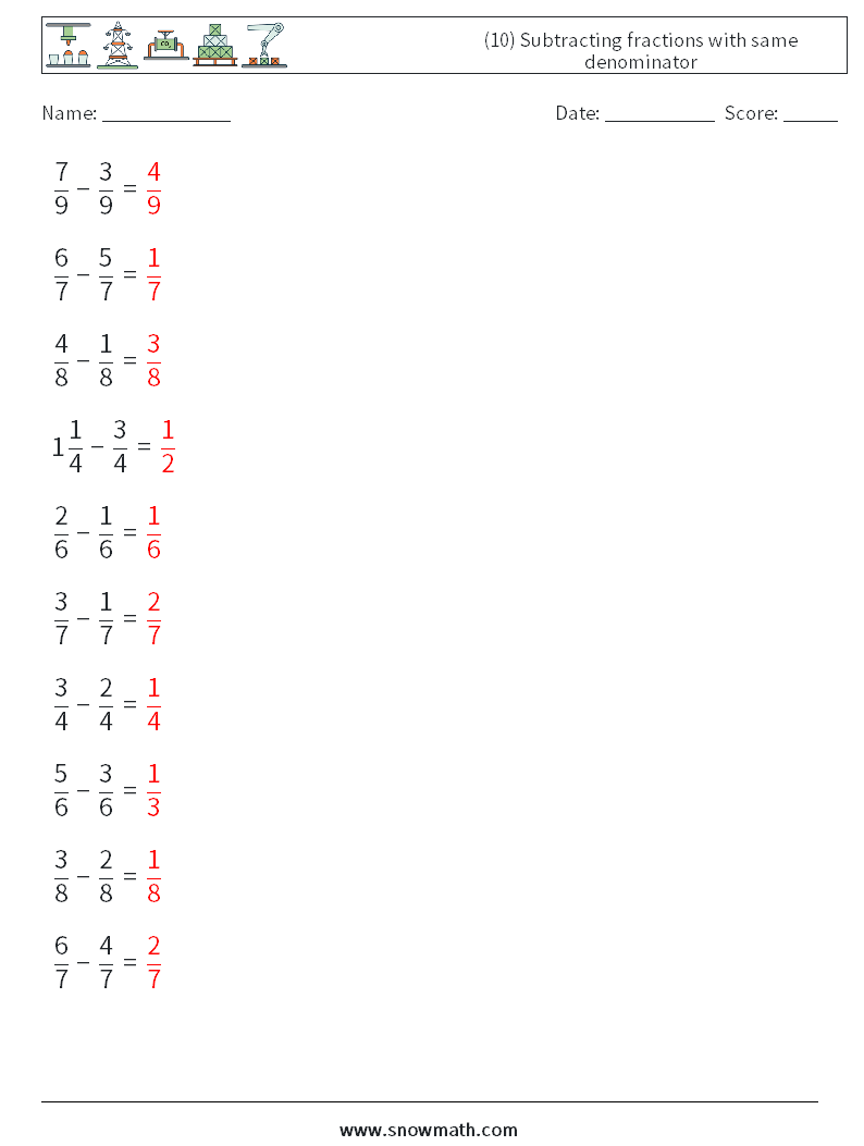 (10) Subtracting fractions with same denominator Maths Worksheets 13 Question, Answer