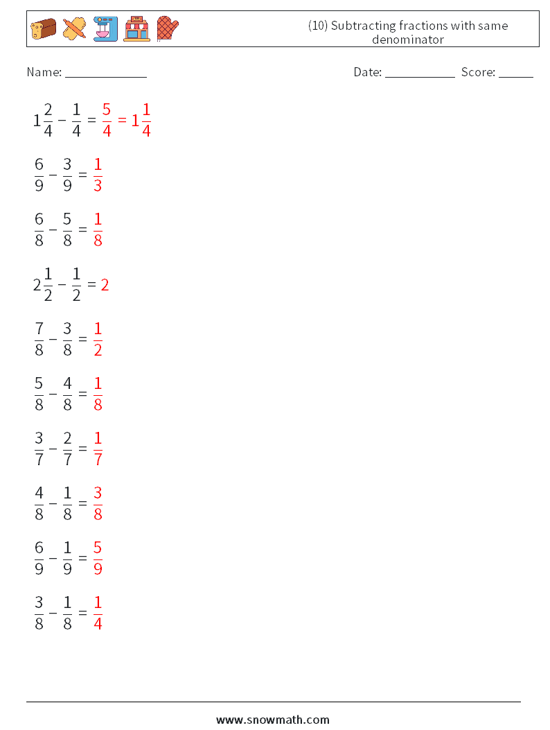 (10) Subtracting fractions with same denominator Maths Worksheets 15 Question, Answer