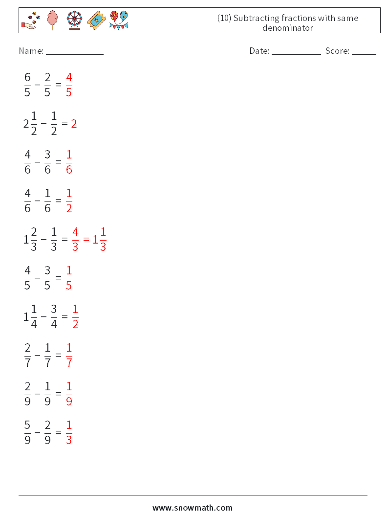 (10) Subtracting fractions with same denominator Maths Worksheets 17 Question, Answer