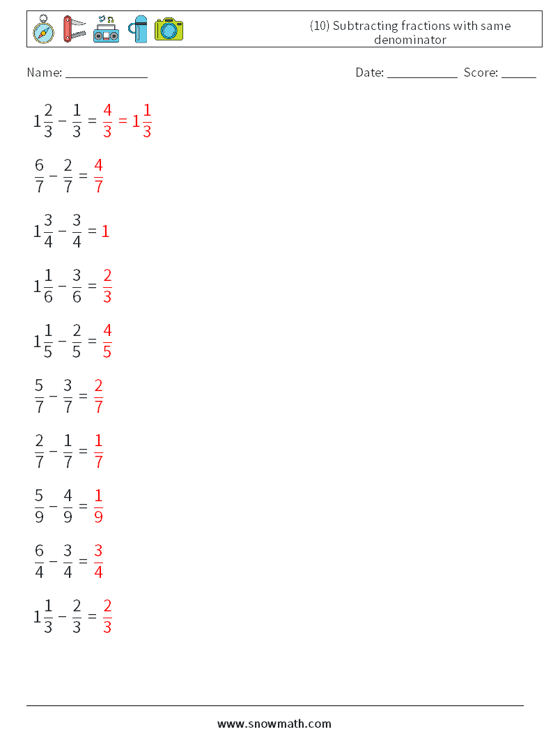 (10) Subtracting fractions with same denominator Maths Worksheets 3 Question, Answer