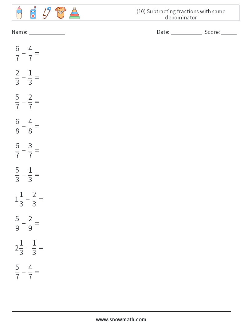 (10) Subtracting fractions with same denominator Maths Worksheets 5