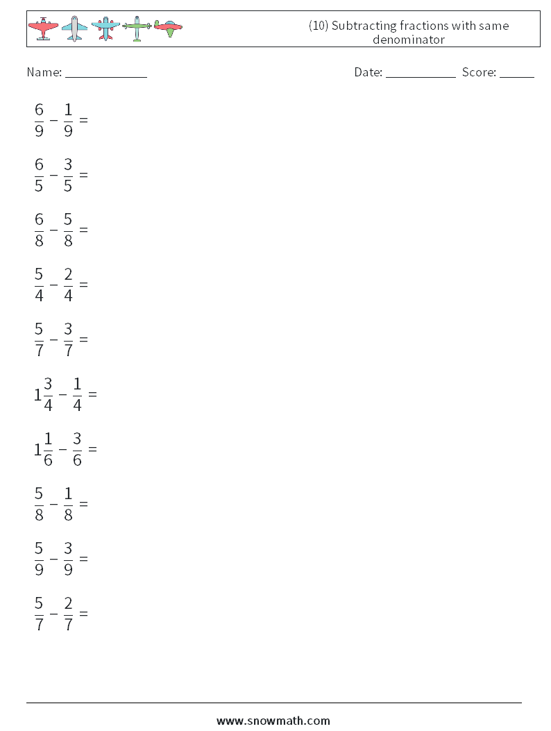 (10) Subtracting fractions with same denominator Maths Worksheets 8