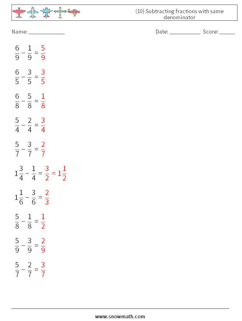 (10) Subtracting fractions with same denominator Maths Worksheets 8 Question, Answer