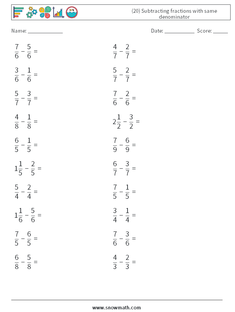 (20) Subtracting fractions with same denominator Maths Worksheets 1