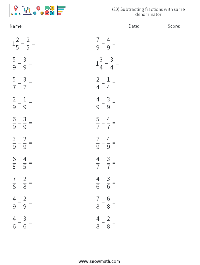 (20) Subtracting fractions with same denominator Maths Worksheets 10