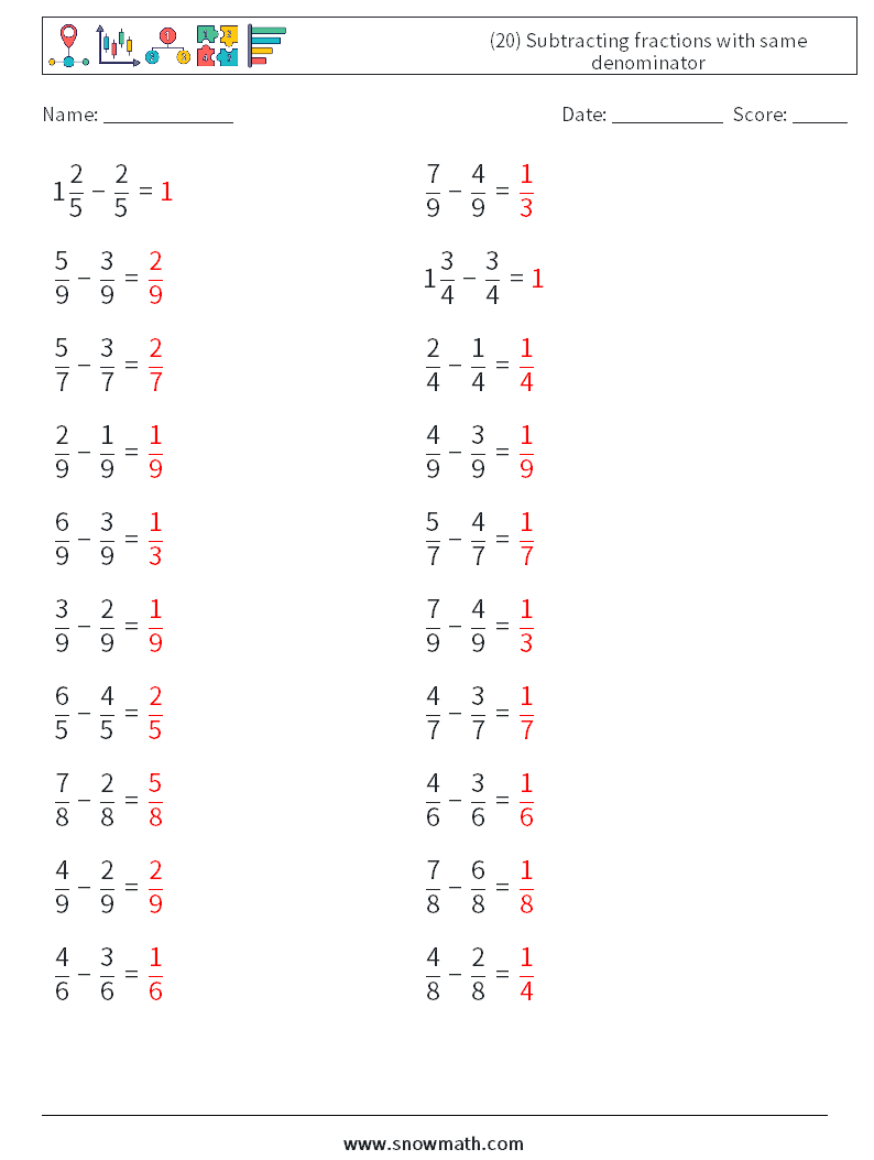 (20) Subtracting fractions with same denominator Maths Worksheets 10 Question, Answer