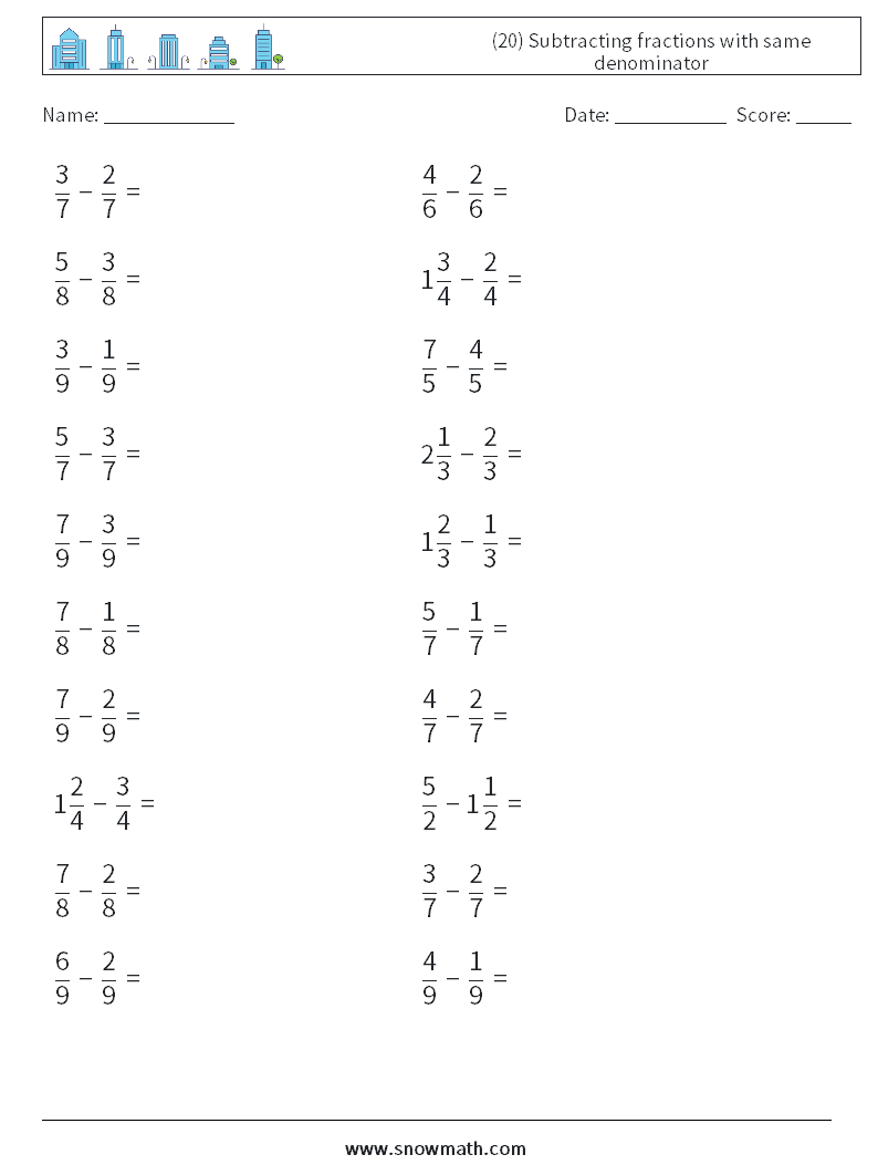 (20) Subtracting fractions with same denominator Maths Worksheets 13
