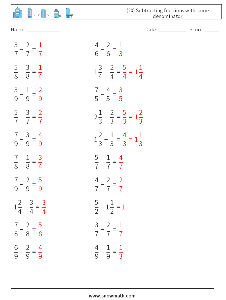 (20) Subtracting fractions with same denominator Maths Worksheets 13 Question, Answer