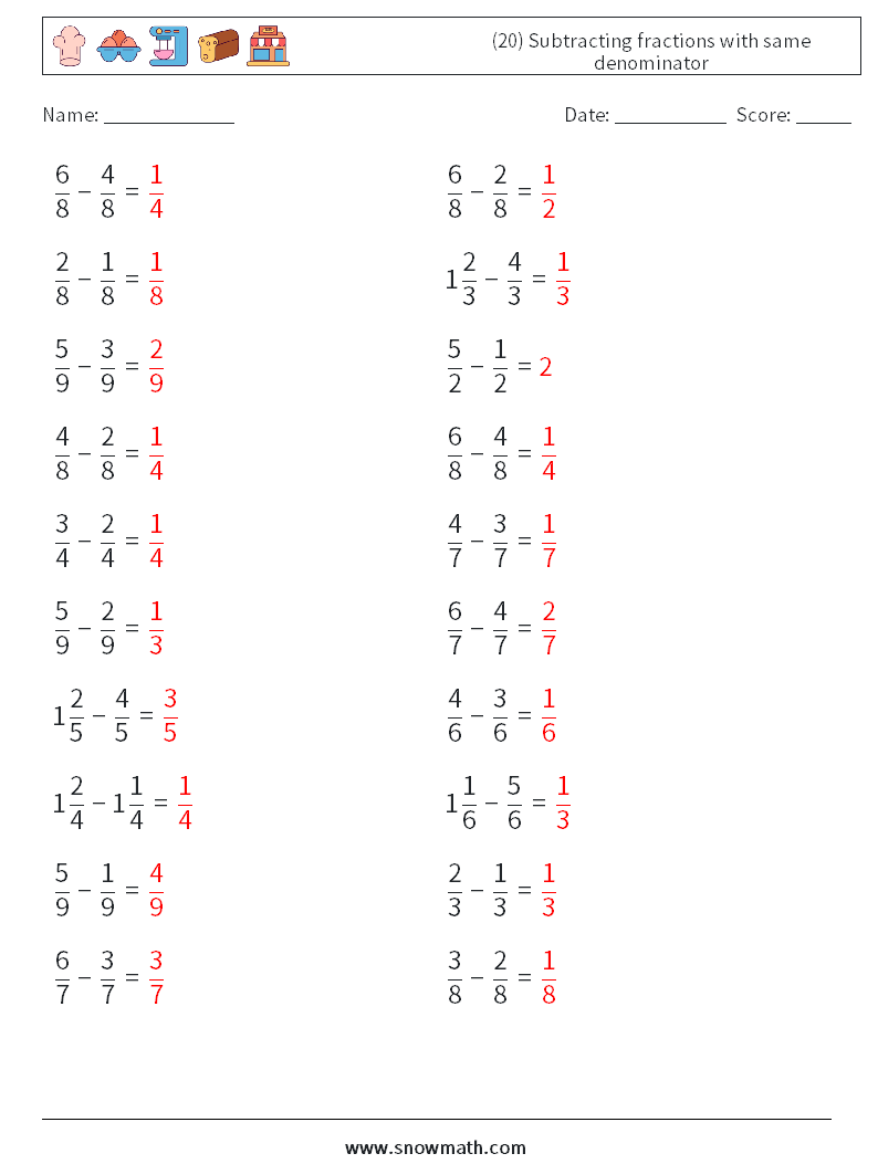 (20) Subtracting fractions with same denominator Maths Worksheets 14 Question, Answer