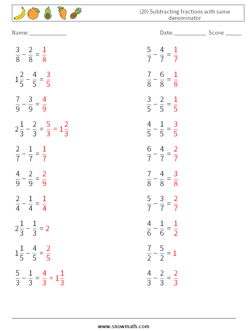 (20) Subtracting fractions with same denominator Maths Worksheets 15 Question, Answer