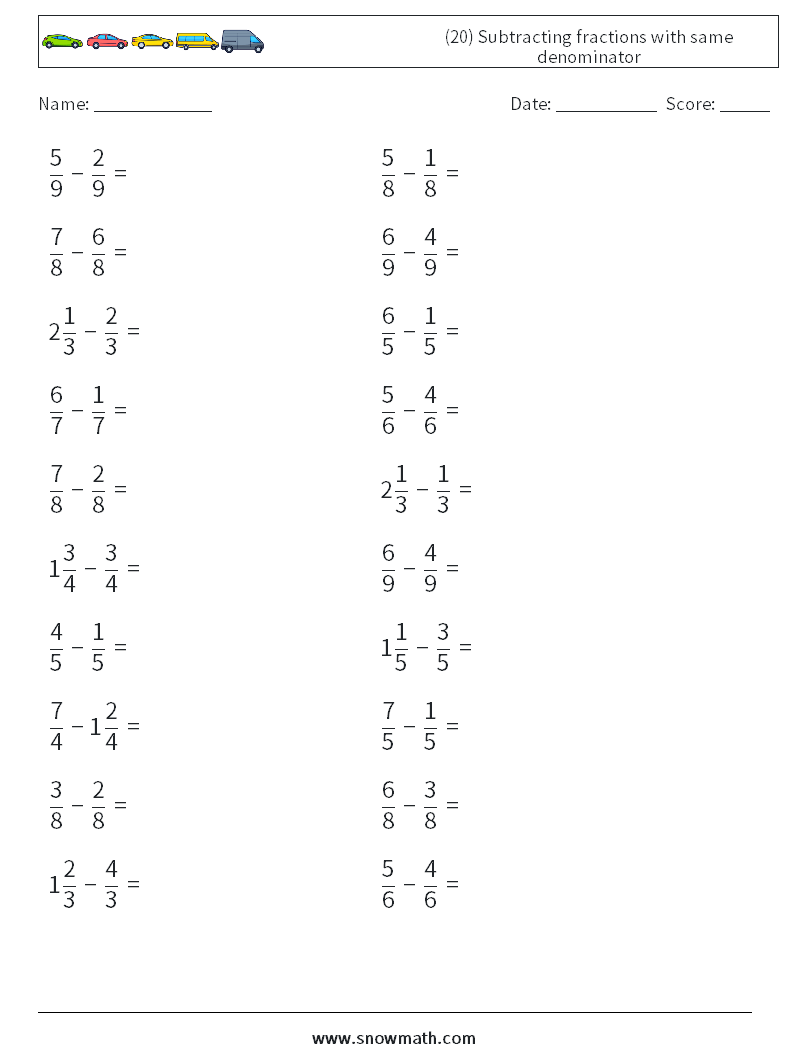(20) Subtracting fractions with same denominator Maths Worksheets 16