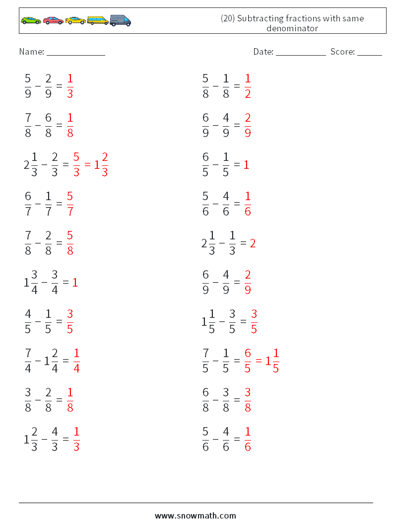 (20) Subtracting fractions with same denominator Maths Worksheets 16 Question, Answer