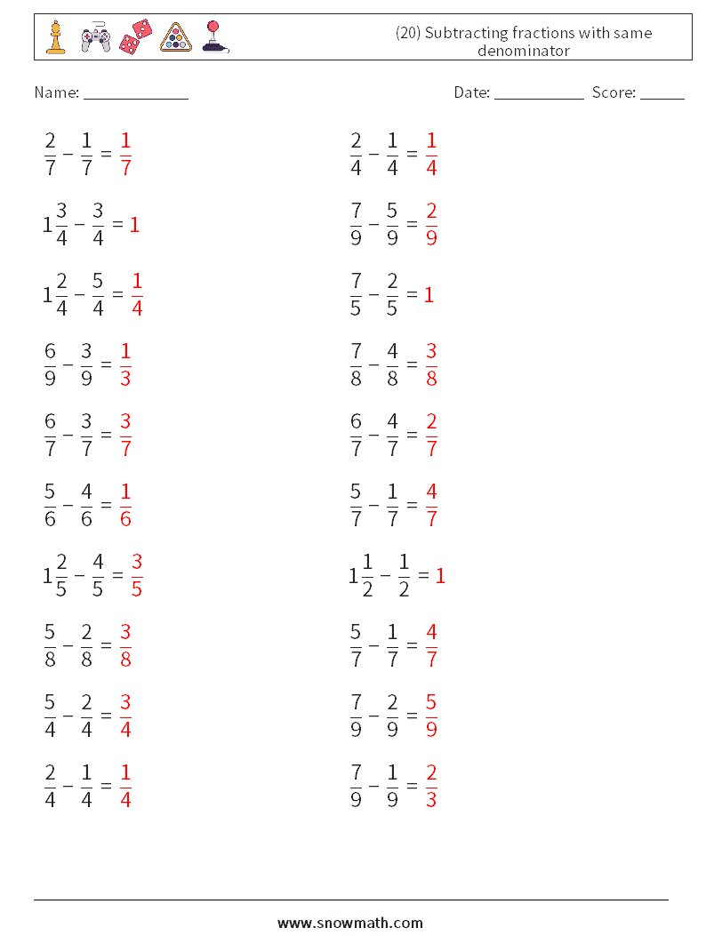 (20) Subtracting fractions with same denominator Maths Worksheets 18 Question, Answer
