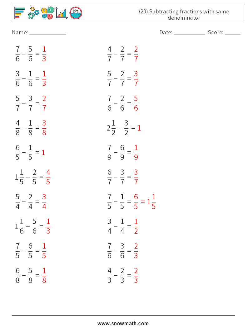 (20) Subtracting fractions with same denominator Maths Worksheets 1 Question, Answer