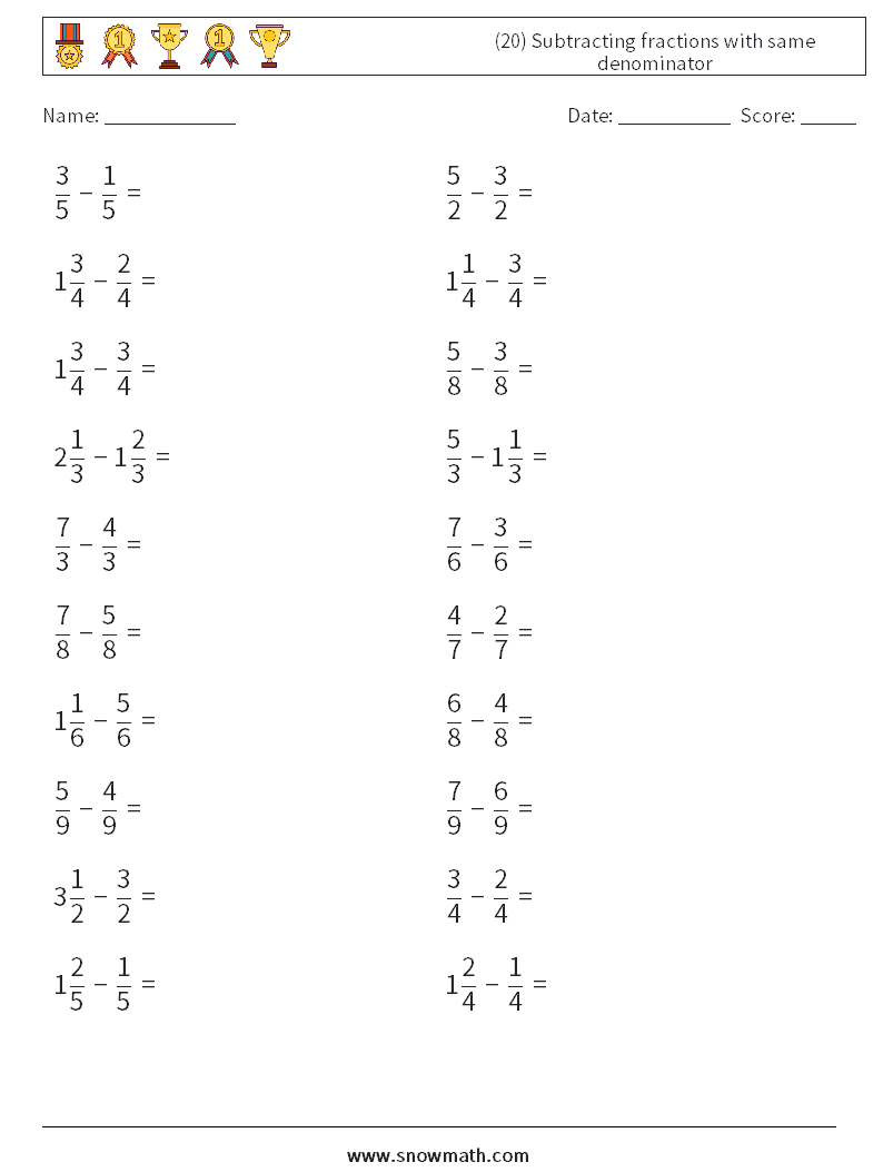 (20) Subtracting fractions with same denominator Maths Worksheets 2