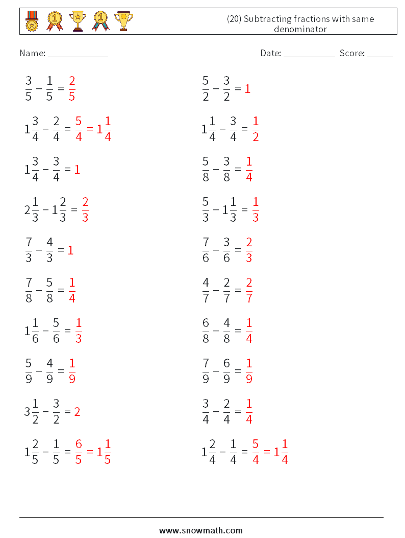 (20) Subtracting fractions with same denominator Maths Worksheets 2 Question, Answer