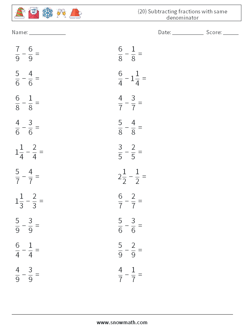 (20) Subtracting fractions with same denominator Maths Worksheets 3