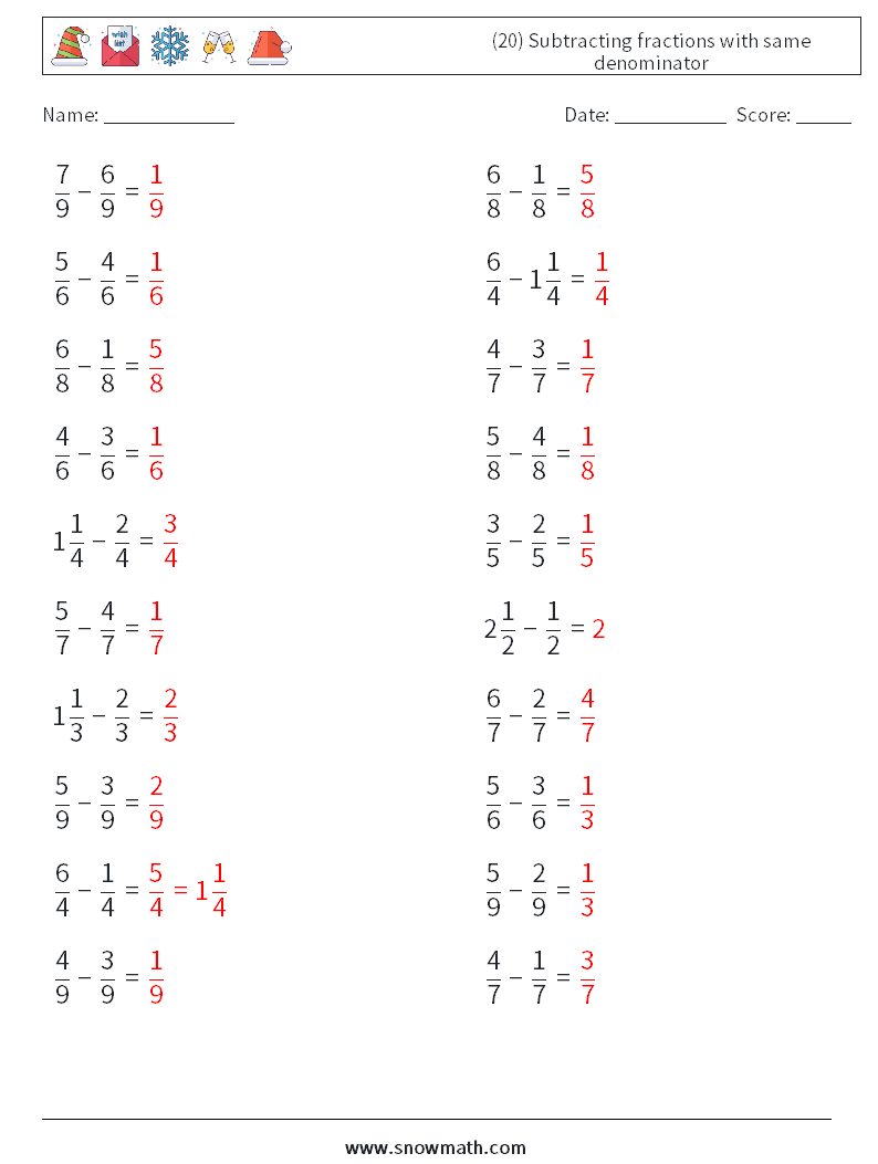 (20) Subtracting fractions with same denominator Maths Worksheets 3 Question, Answer
