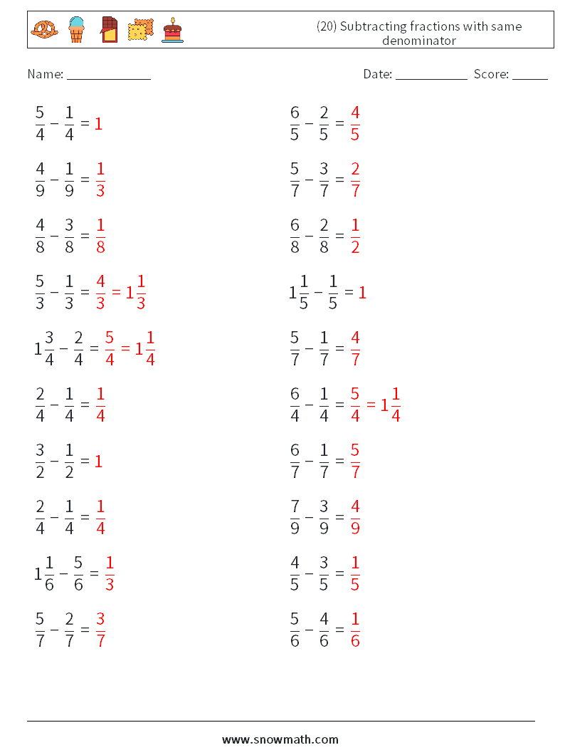 (20) Subtracting fractions with same denominator Maths Worksheets 4 Question, Answer