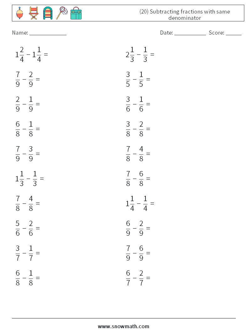 (20) Subtracting fractions with same denominator Maths Worksheets 5