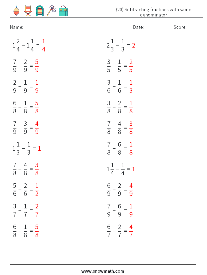 (20) Subtracting fractions with same denominator Maths Worksheets 5 Question, Answer