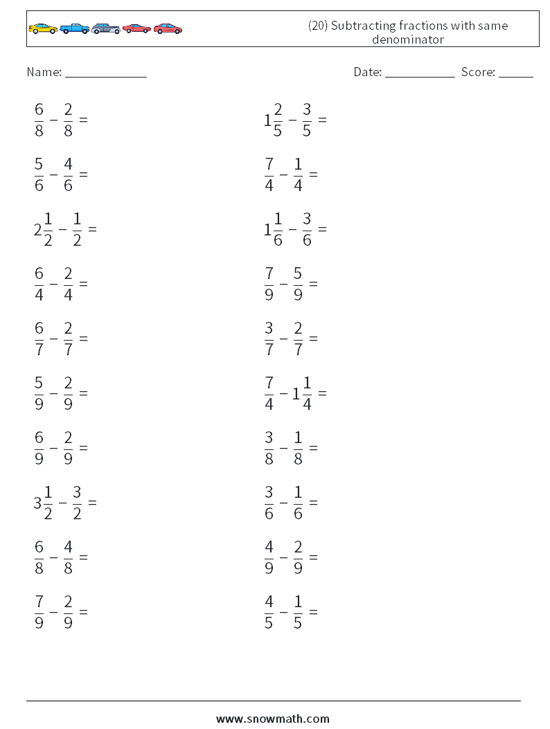 (20) Subtracting fractions with same denominator Maths Worksheets 6