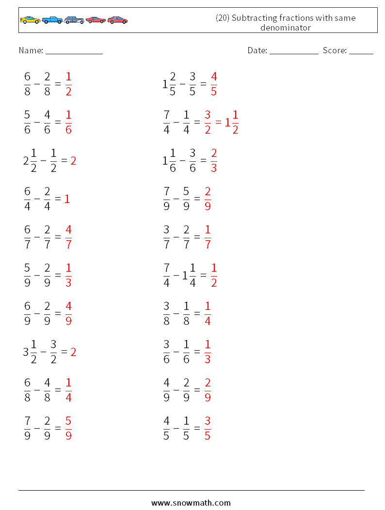 (20) Subtracting fractions with same denominator Maths Worksheets 6 Question, Answer