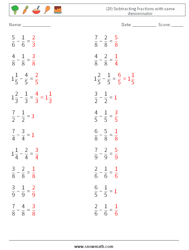 (20) Subtracting fractions with same denominator Maths Worksheets 7 Question, Answer