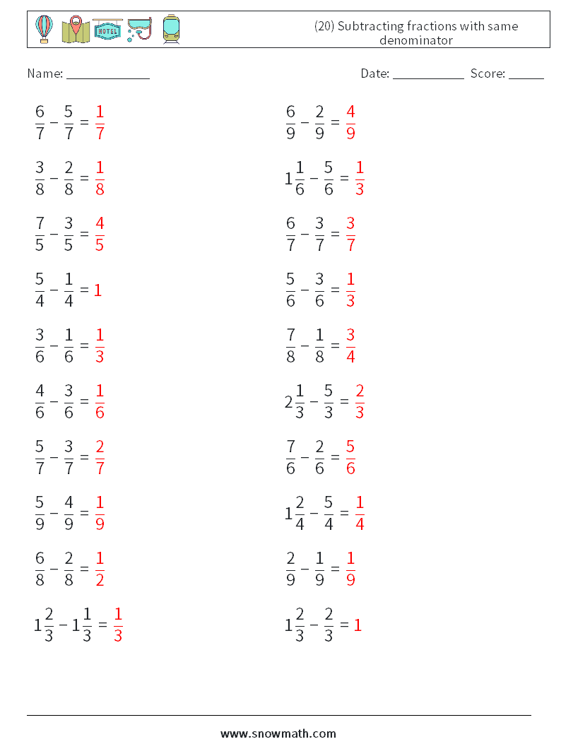 (20) Subtracting fractions with same denominator Maths Worksheets 8 Question, Answer