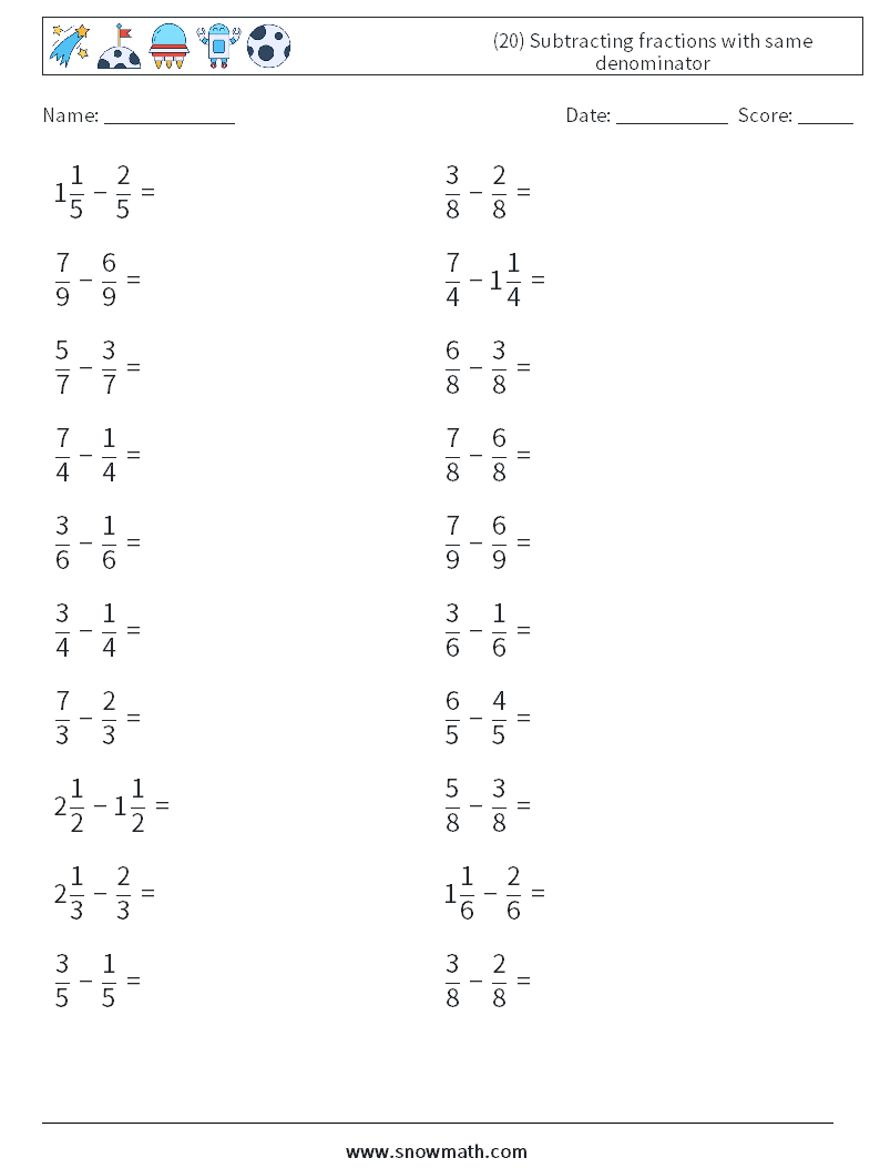 (20) Subtracting fractions with same denominator Maths Worksheets 9