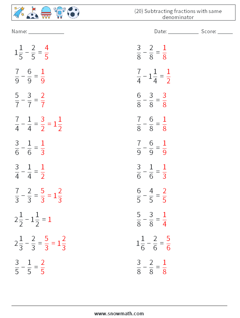 (20) Subtracting fractions with same denominator Maths Worksheets 9 Question, Answer