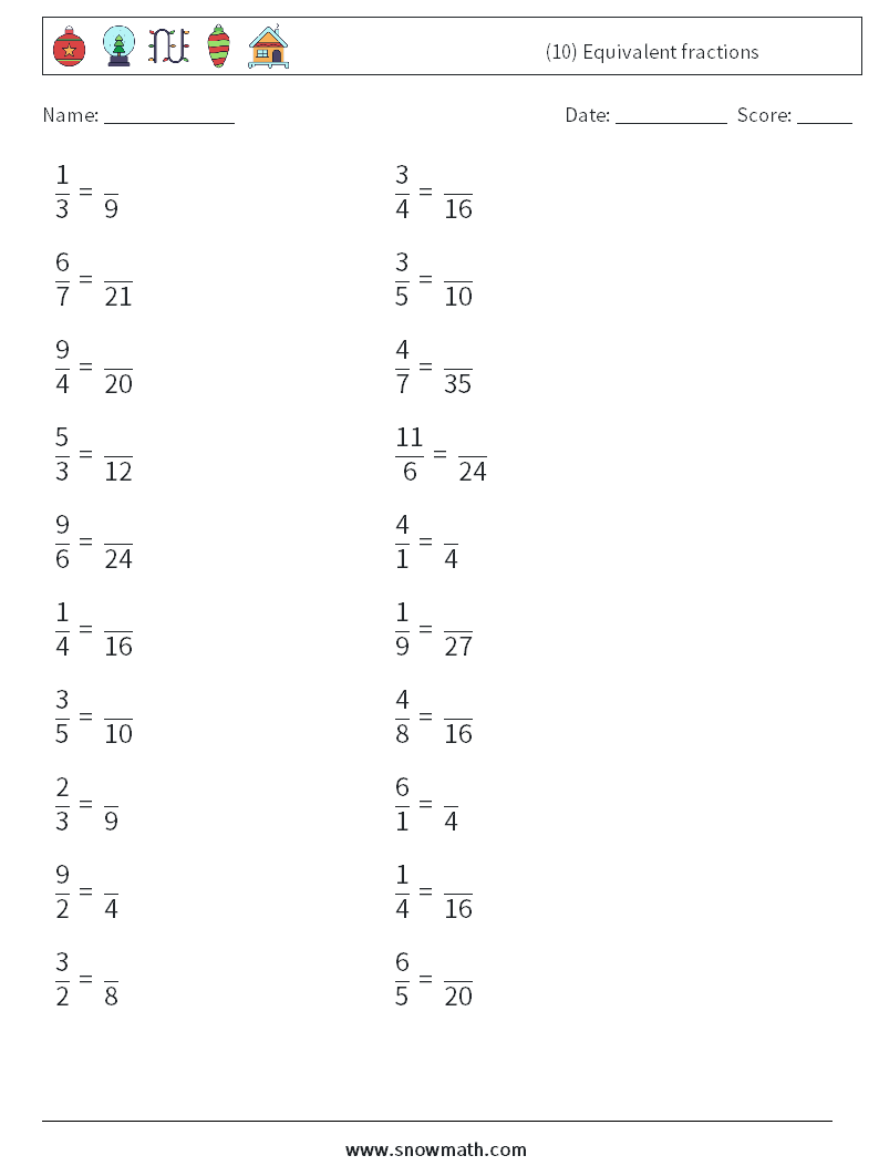 (10) Equivalent fractions Maths Worksheets 1
