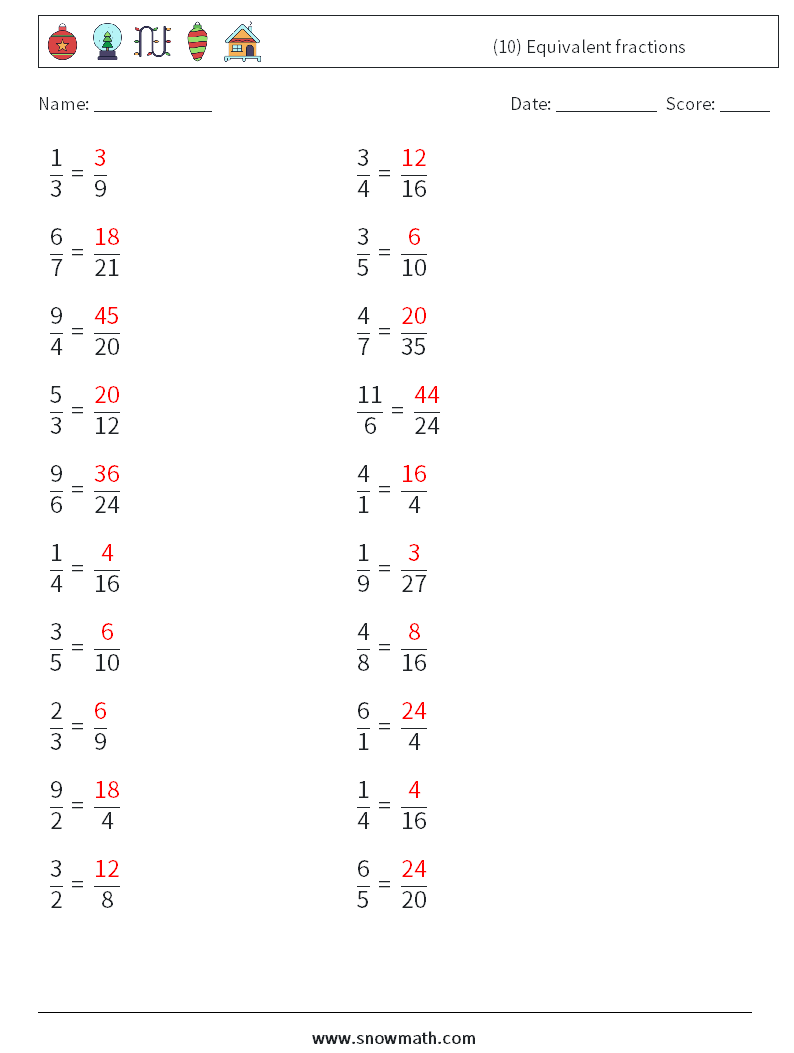 (10) Equivalent fractions Maths Worksheets 1 Question, Answer